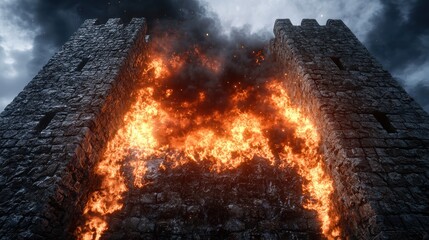 Canvas Print - Dramatic castle ruins engulfed in flames