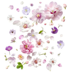 Wall Mural - Pink and Purple Flowers Falling on a Transparent Background, Delicate Petals Dancing in the Air