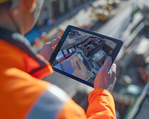 Close-up of an engineer's hands holding and interacting with a tablet, with a construction site in the background