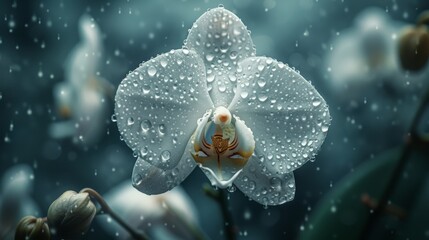  A tight shot of a pristine white flower, beaded with dew-drops, and a lush green plant in the foreground