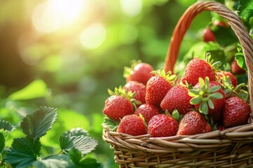 Wall Mural - A basket brimming with succulent strawberries sits amidst vibrant greenery, capturing the essence of a bountiful harvest in soft golden light