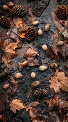 Poster - A variety of pine cones and brown autumn leaves are scattered across a forest floor, partially submerged in a shallow puddle.