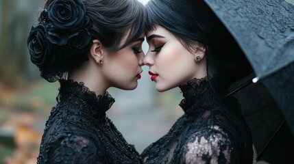 Sticker - Two women in black lace dresses with red lips touching foreheads