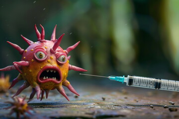 uncanny virus mascot reacts nervously to imminent crisis. animated anthropomorphic virus faces unexp