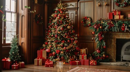 Aufkleber - A large, decorated Christmas tree stands in the corner of a room with dark wood paneling. Underneath the tree, a variety of red and gold wrapped presents are stacked and spread out on the floor. The t