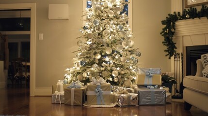 Aufkleber - A decorated Christmas tree stands in a living room, adorned with silver and blue ornaments and twinkling lights. The tree is surrounded by wrapped presents in a variety of sizes and colors. A fireplac