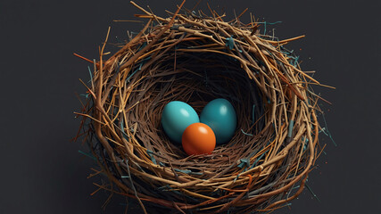 Close-Up of a Bird's Nest with Two Blue Eggs and One Orange Egg on a Dark Background