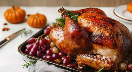 Wall Mural - Thanksgiving pepper roasted turkey on tray garnished with red grapes, 