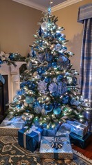 Aufkleber - A large, decorated Christmas tree stands in a living room, adorned with blue and silver ornaments, twinkling white lights, and ribbons. The tree is decorated with various ornaments, including round ba