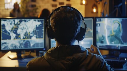 Poster - Young Adult Analyzing Data on Multiple Screens in High-Tech Space at Night