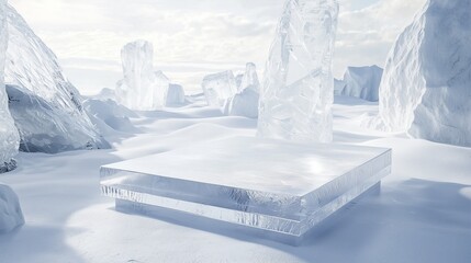 a photo of an empty 3d podium with a crystalline structure, located in an icy winter landscape
