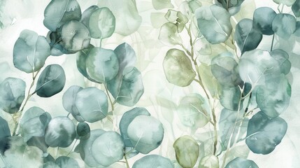 Aufkleber - A close-up watercolor painting of eucalyptus leaves on a white background. The leaves are painted in shades of green and blue, and they are arranged in a loose and organic pattern. The painting has a 