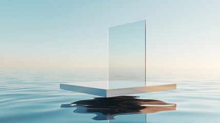 A photo of an empty 3D podium with a glass-like appearance, floating above a crystal-clear lake