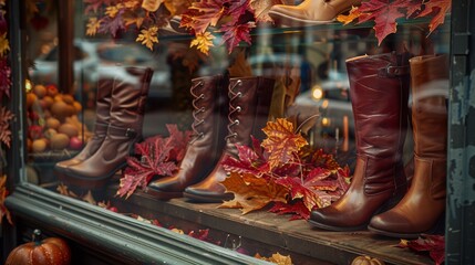 Aufkleber - A storefront window display features several pairs of brown leather boots, including tall riding boots and lace-up ankle boots. The boots are arranged on a shelf, with fallen autumn leaves and branche