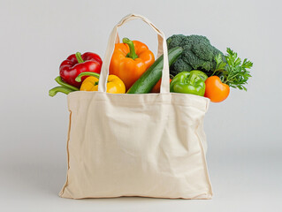 Poster - Fresh Vegetables and Colorful Bell Peppers in Reusable Shopping Bag on Gray Background