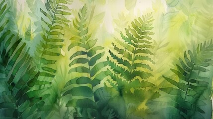 Wall Mural - A watercolor painting depicts lush green fern fronds bathed in soft, golden sunlight. The ferns are painted in a realistic style, with intricate details of their delicate fronds and textured leaves. T