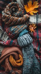 Poster - A close-up shot of several knit scarves and hats arranged on a plaid blanket. The scarves and hats are made of different colored yarns and are arranged in a loose, casual manner. Some autumn leaves ar