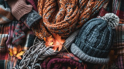 Poster - A close-up of a variety of knit items including scarves, a hat, and a plaid blanket, with fallen autumn leaves interspersed throughout. The colors are warm and inviting, suggesting a cozy atmosphere.