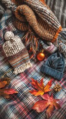 Poster - Two knit hats, a knitted scarf, a red ornament, and pine cones are arranged on a plaid blanket with two red maple leaves. The scene evokes a cozy, autumnal atmosphere.