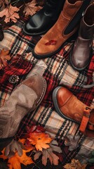 Poster - Several brown leather boots lie on a plaid blanket. There are fallen autumn leaves surrounding the boots. The blanket is red, black, white, and beige.