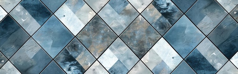 Aufkleber - A close-up shot of a wall covered in diamond-shaped tiles. The tiles are a mix of blue and white, with a variety of shades and textures. The tiles are arranged in a geometric pattern, creating a visua