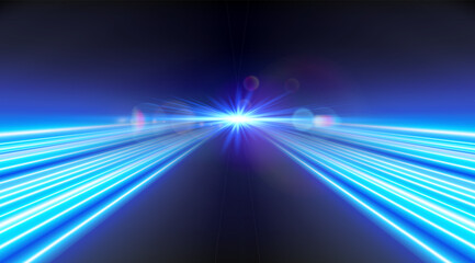 Fototapete - Blue high speed light. Glowing fast lines. Motion light trails on black background.