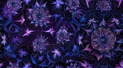 Poster - The image features a seamless pattern of abstract geometric flowers in shades of purple and blue. The flowers are arranged in a random pattern, with some overlapping. The background is a dark purple c