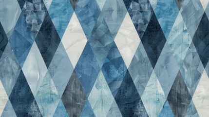 Leinwandbilder - A blue and white geometric pattern made up of overlapping diamonds. The pattern is abstract and has a painterly, textured feel. The colors are muted and blend together softly.