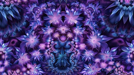 A digital illustration of a repeating pattern of bright purple and blue flowers with intricate detail. The image has a symmetrical design, with flowers blooming in the center and radiating outward. Th