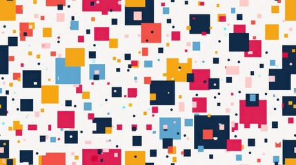 Aufkleber - A white background covered in colorful squares of various sizes, with some smaller black circles scattered throughout. The squares are red, pink, blue, yellow, and dark blue.