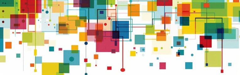 Poster - An abstract design features numerous colorful squares of various sizes and transparency, arranged in a seemingly random pattern. Thin lines connect some of the squares, creating a sense of interconnec