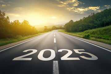 Straight road leading to the horizon with the year 2025 written on the asphalt and a sunrise background