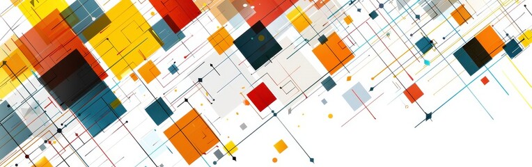 Fototapete - An abstract design featuring a white background with intersecting black lines and overlapping colored squares. The squares are of various sizes and shapes, primarily red, yellow, orange, blue, and gre