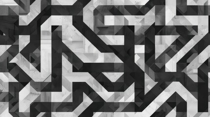 Poster - A close-up image of a wall featuring a geometric pattern made of black and white shapes, creating a visually intriguing abstract design. The background texture appears to be concrete.