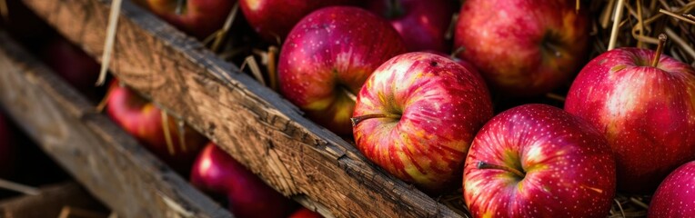 Aufkleber - A wooden crate filled with ripe, red apples. The apples are arranged in a close-up view, revealing their smooth skin and vibrant color. The crate appears to be made of weathered wood, adding a rustic 