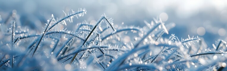 Poster - A close up of delicate, frost-covered blades of grass, glistening with ice crystals in the soft morning light. The blades appear to be frozen in time, their intricate patterns captured in a moment of 