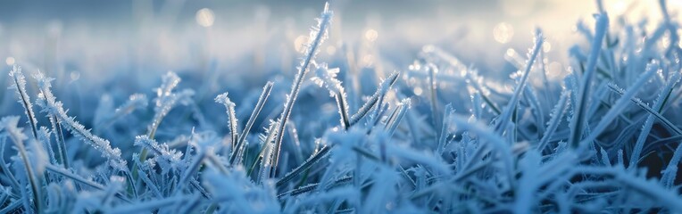 Poster - A close up view of frost-covered blades of grass with a soft, sunlit, blue background. The frost crystals sparkle in the sunlight as if covered in tiny diamonds.