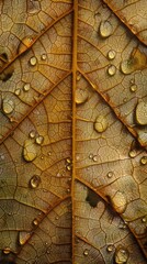 Aufkleber - A close-up image captures water droplets resting on the surface of a brown leaf. The intricate veins of the leaf are visible, creating a pattern of lines and textures. The droplets of water reflect li