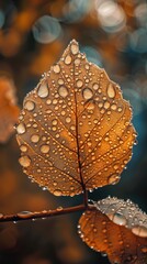 Aufkleber - A single autumn leaf, its surface covered in sparkling dewdrops, catches the light of the morning sun. The leaf is a rich orange color, and the dewdrops are round and clear.