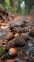 Poster - A collection of fallen pine cones and acorns rest on a bed of gravel and pine needles on the forest floor. The cones are of varying sizes and shapes, with some still attached to their branches. The ac