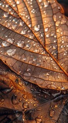 Poster - A brown leaf, covered in water droplets, glistens in the sunlight. The intricate veins of the leaf are visible through the water, and the droplets reflect the light beautifully.