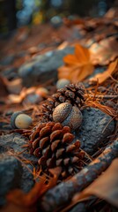 Poster - A close-up of a forest floor covered in fallen leaves, pine needles, and pine cones. Two pine cones are in the center, with a brown acorn in front of them.