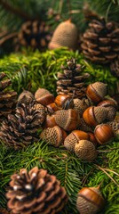 Poster - Acorns, pine cones, and evergreen branches are grouped together on a bed of moss. The warm colors of autumn are evident in the rich browns and greens of the natural elements. The acorns are clustered 