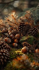 Poster - Acorns and pine cones rest on a bed of moss on a forest floor. The sun shines on the acorns, making them glow. A pine branch with needles lies in the foreground, adding to the natural beauty of the sc