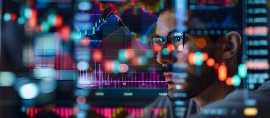 Poster - Trader using crypto exchange platform to analyze stock market data online. Concept Cryptocurrency Trading, Stock Market Analysis, Online Platforms, Financial Trends, Trader Strategies