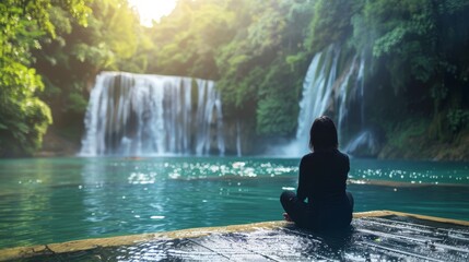 Wall Mural -  A woman sits in front of a waterfall, surrounded by a body of water, with the falls as the backdrop