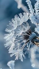 Poster - A delicate dandelion seed head is covered in frost on a crisp winter day. The intricate patterns of the frost crystals are highlighted by the soft, blue light.