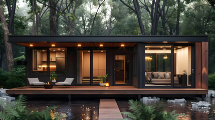 Sticker - Modern Cabin with Deck and Pond - 3D Illustration