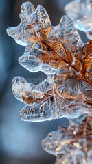 Poster - A close-up shot of a single oak leaf covered in ice, showcasing the intricate details of the leaf's structure and the delicate patterns formed by the ice. The background is blurred, creating a soft, e
