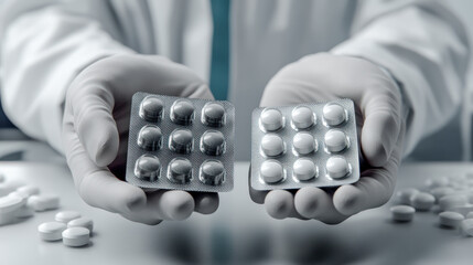 pharmaceutical industry hand holding colorful capsules in a pharmacy setting. this image captures th